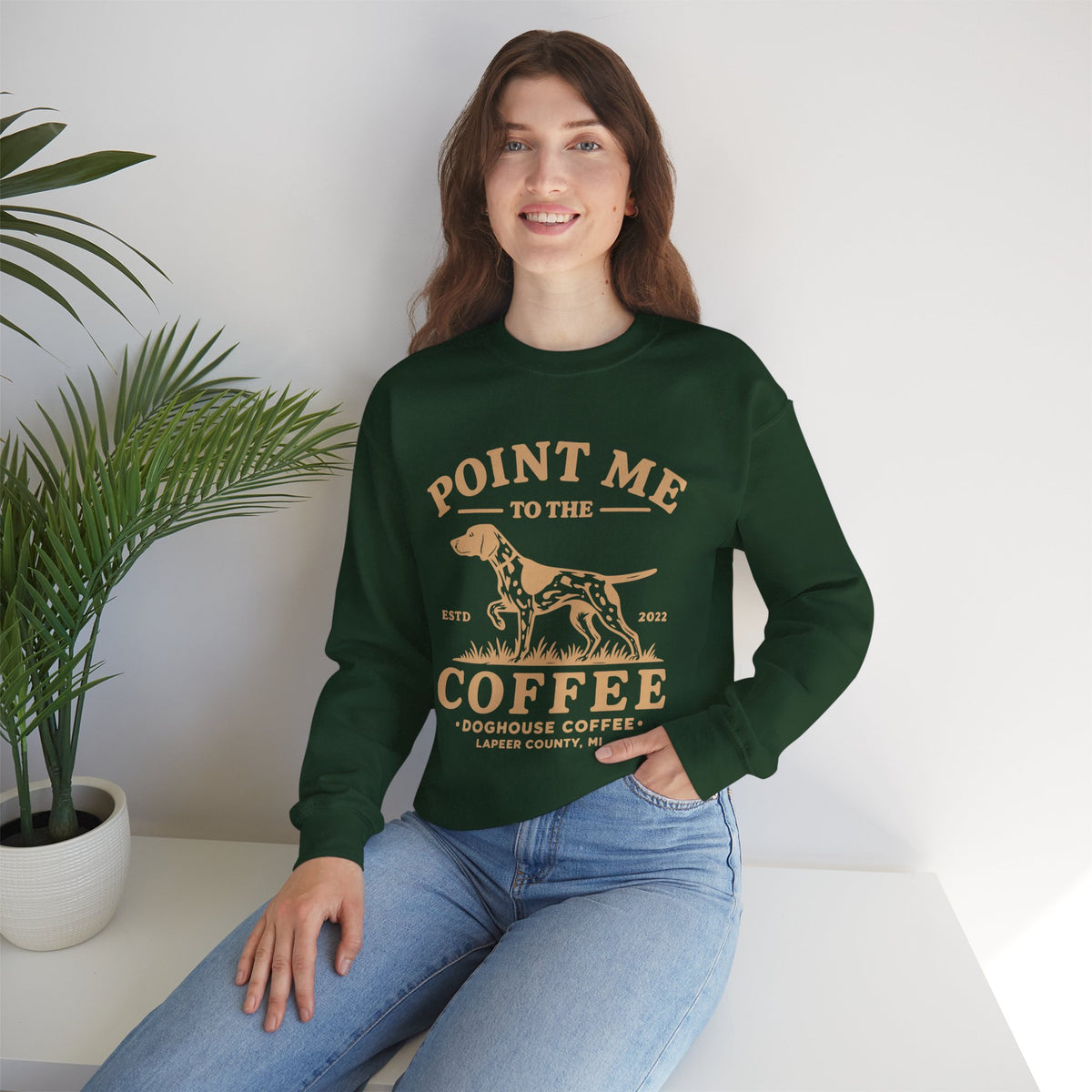 Point Me to the Coffee Sweatshirt | Pointer Dog Coffee Design